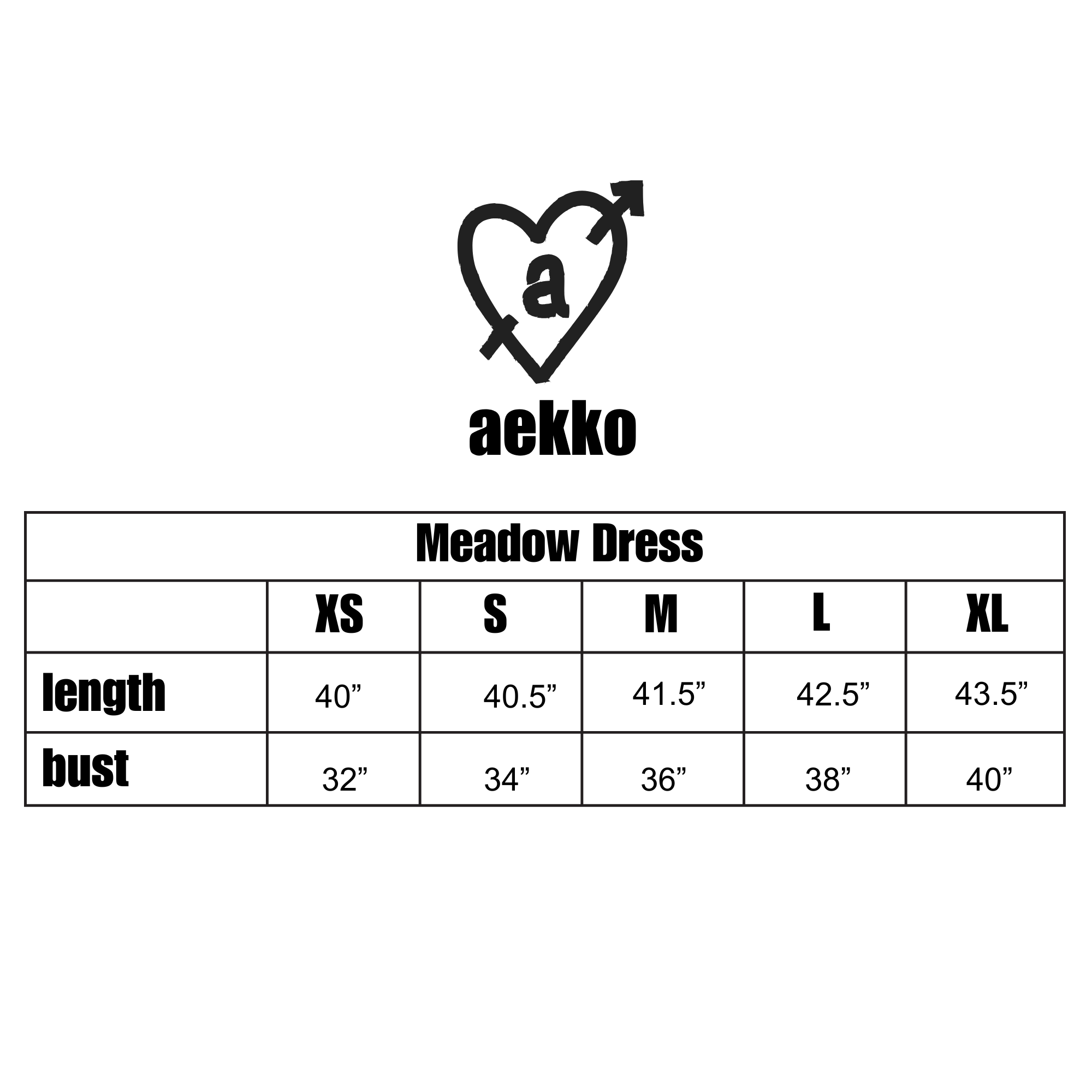 Size chart for Meadow Dress